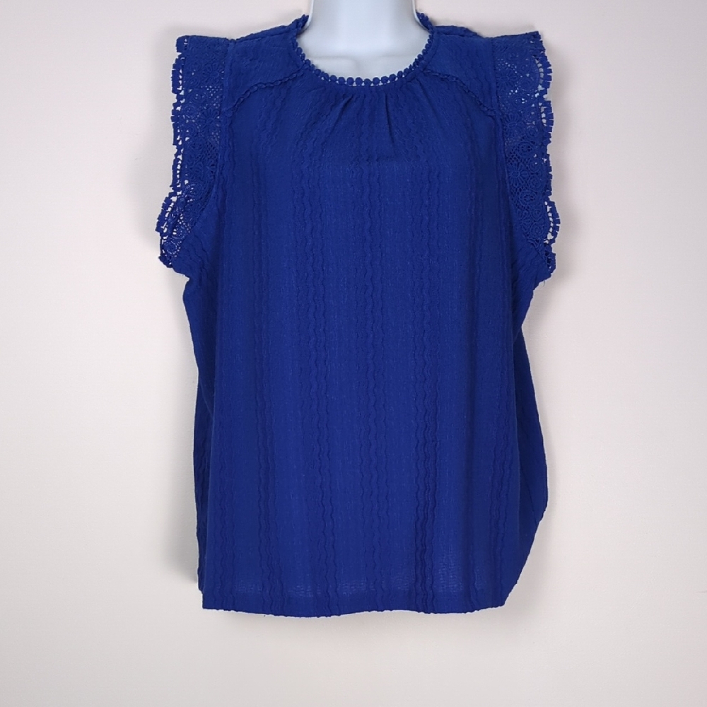 Cable & Gauge Royal Blue Flutter Lace Sleeve Blouse - Size [L]